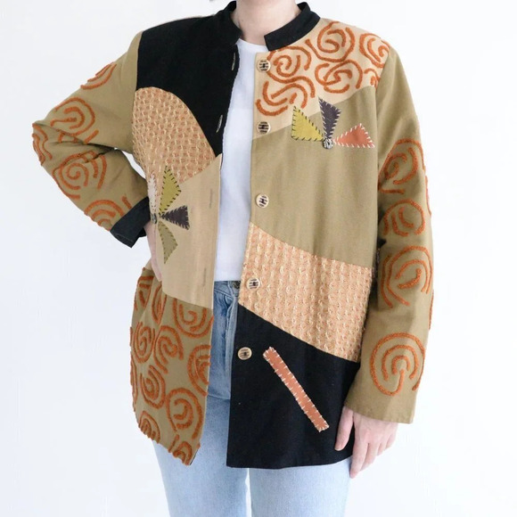 Vintage 90's Allure Tan & Black 100% Cotton Patchwork Brocade Button Up Jacket M - Picture 1 of 14